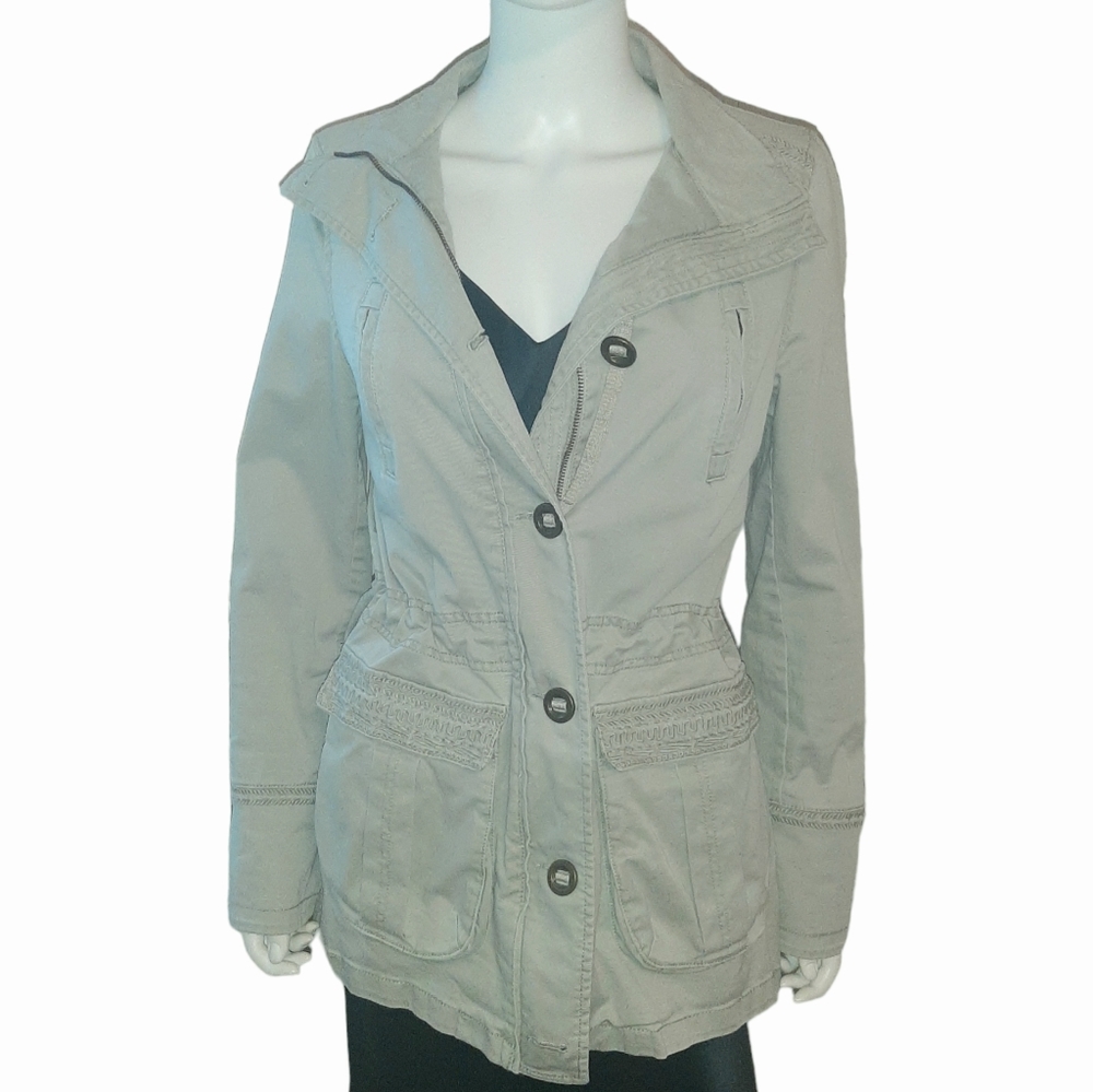 S. OLIVER Khaki Utility Cargo Jacket Cotton Twill w/ Embroidered Trim Sz M